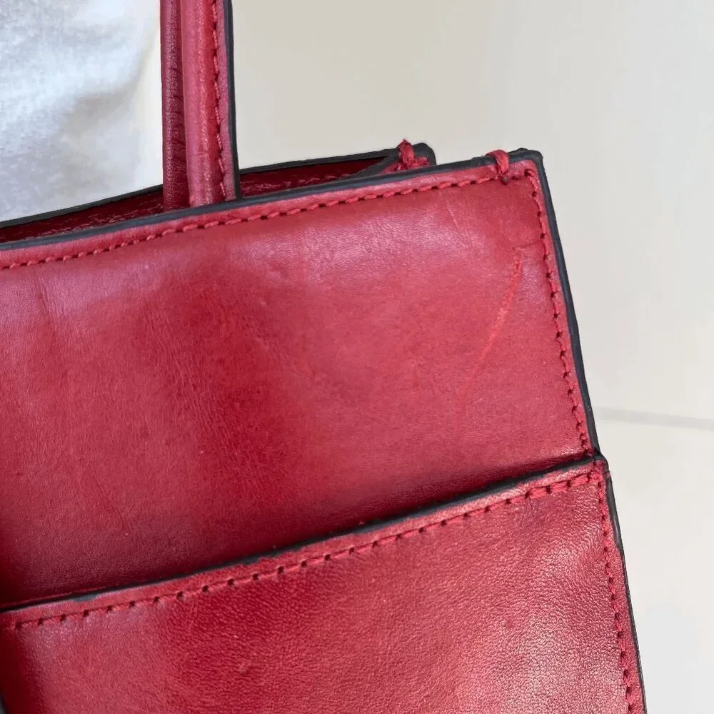 VTG Red Leather Tote Bag Structured Shoulder Purse Minimalist Office Chic